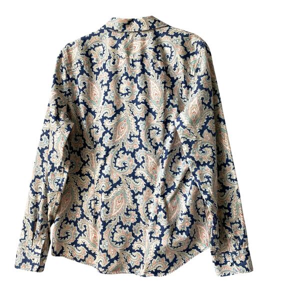 Chaps No Iron Paisley Button Up Shirt Women L Blue Long Sleeve Flip Cuffs Preppy - Picture 2 of 9